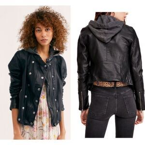 Free People We The Free Black New Dawn Vegan Leather Jacket Sz Large $168